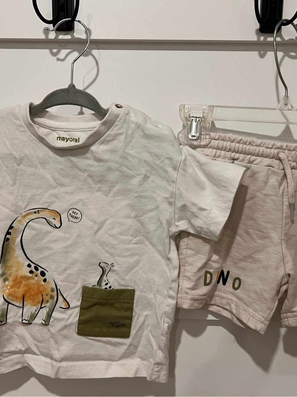 Mayoral White Tee & Tan Shorts Dino Matching Set 12m